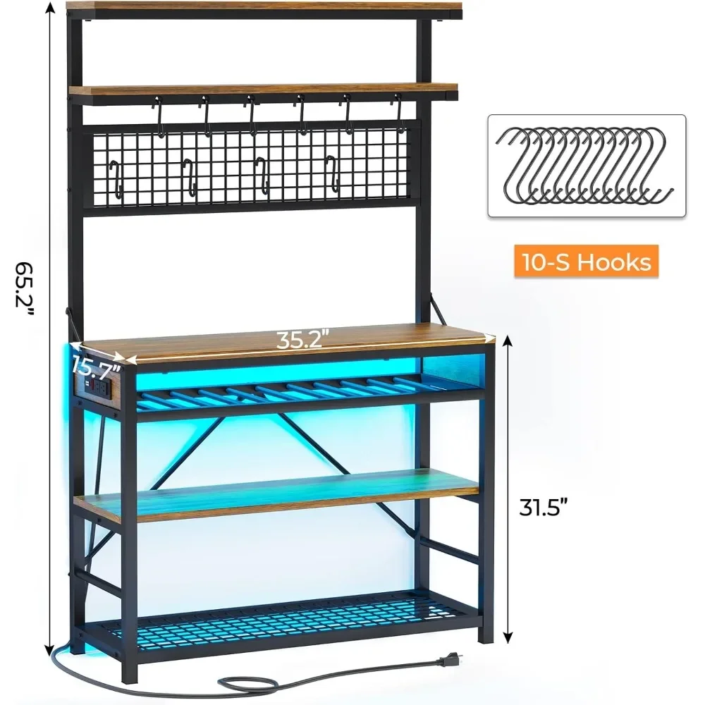 Itaar Bakers Rack with Power Outlet, 6-Tier Coffee Bar, Microwave Stand with Wine Rack, LED Lights and 10 Hooks, Bakers Racks 2