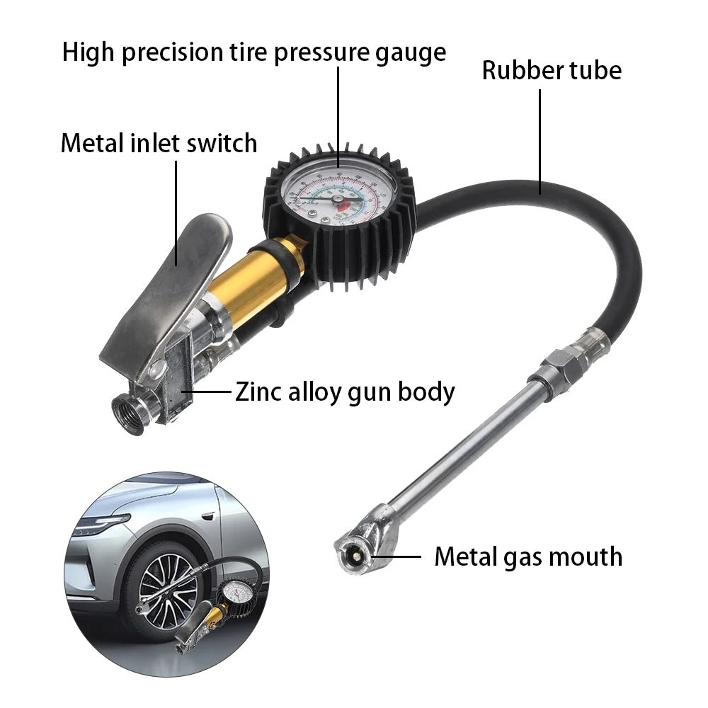 220PSI Car Motorcycle Multifunctional Tire Air Pressure Monitoring Gauge Tester Air Compressor Dial Meter Inflator Pump Tools 2