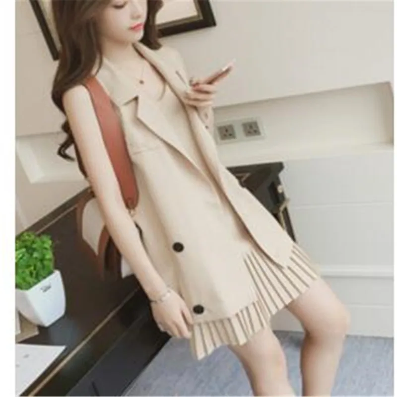 Spring Summer 2024 Medium Long Suit Vest Coat+pleated Suspender Dress Fashion Suit Women's Leisure Two-piece Set Two Piece Dress