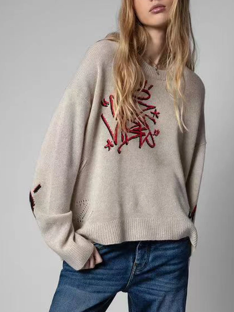 

Autumn Winter New 100% Cashmere Round Neck Letters Print Sweater Women Pullover