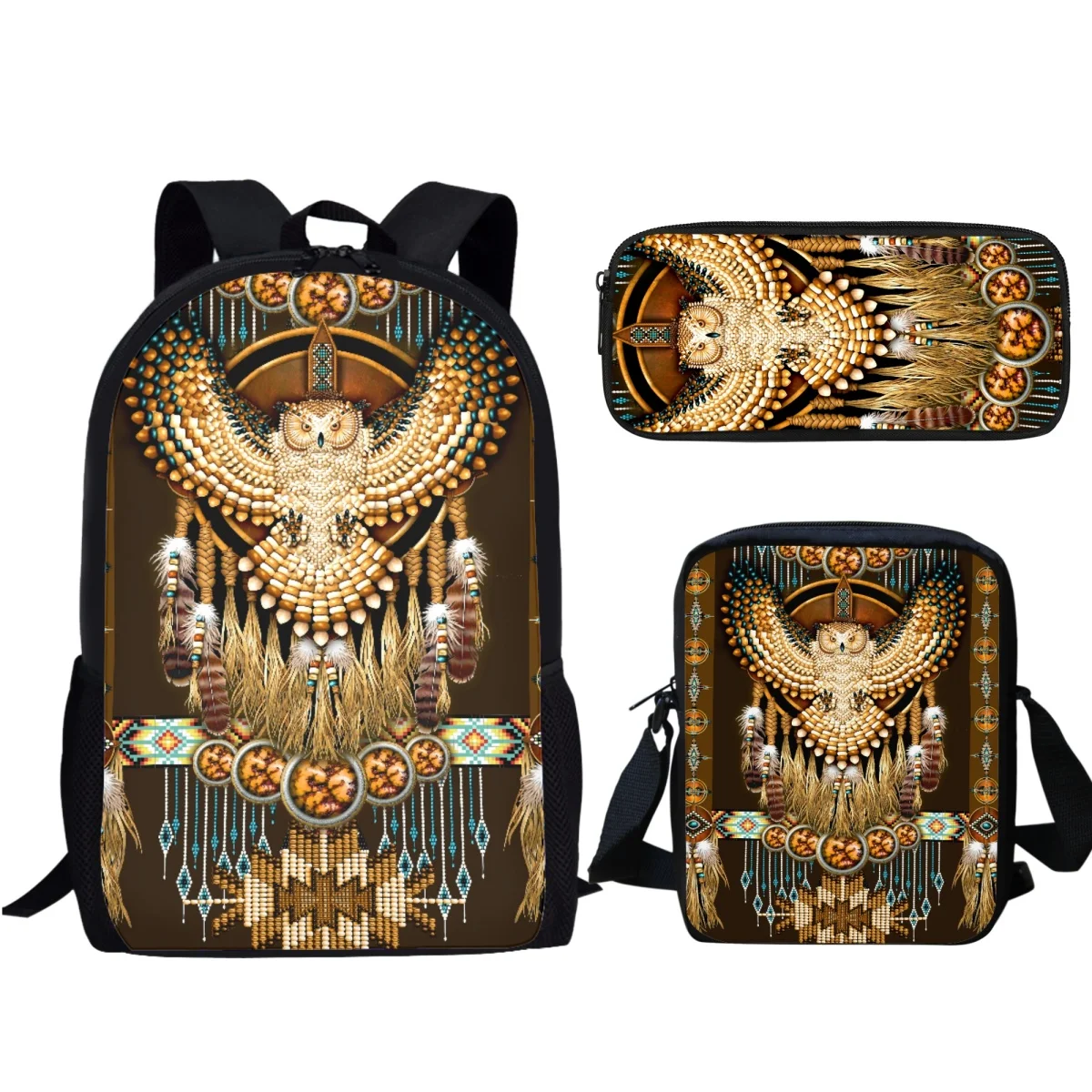 

3D Tribal Owl Print Casual Student Schoolbag Large Capacity Zipper 17 Inch Backpack Girls Girls Teen Back to School Gift BookBag