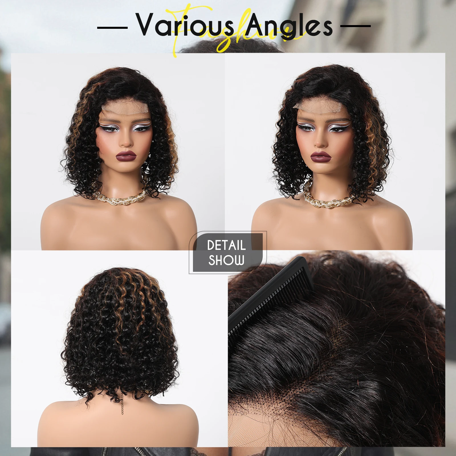 Remy Human Hair Short Kinky Curly Bob Wigs Natural Black Highlight Brown Hair 4x4 HD Transparent Lace Frontal Wig for Women