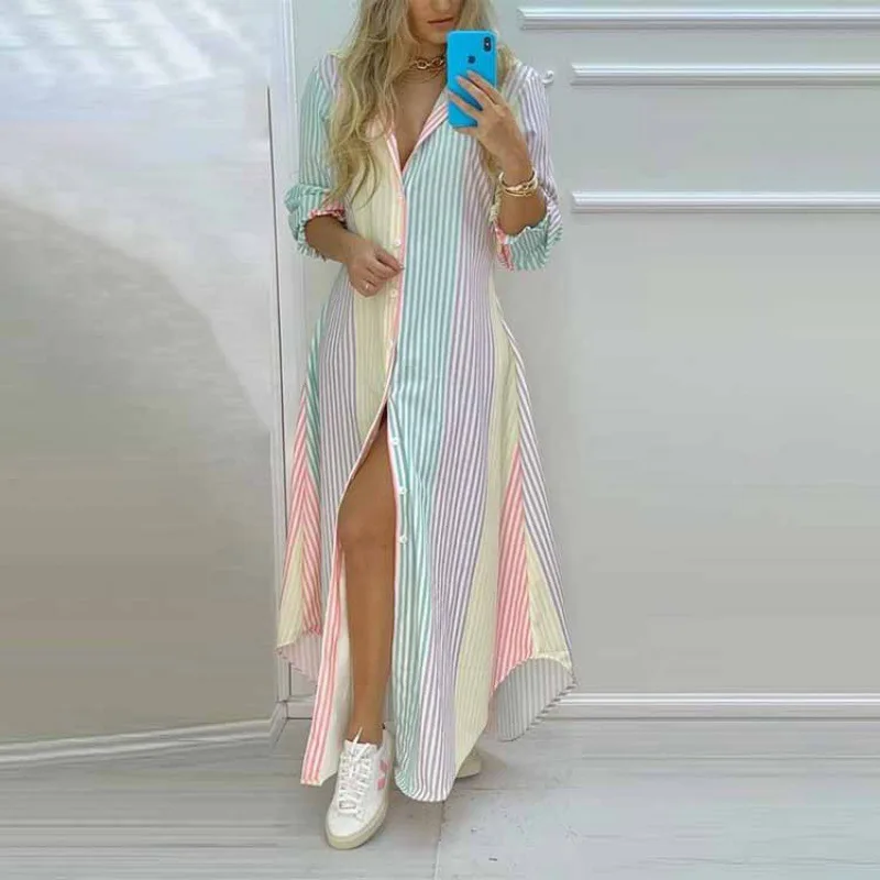 2022 Boho Shirt Dress Single Breasted Button Irregular Long Sleeve Dress Ladies Loose Turn-down Collar Letter Print Long Dress long sleeve wedding dresses