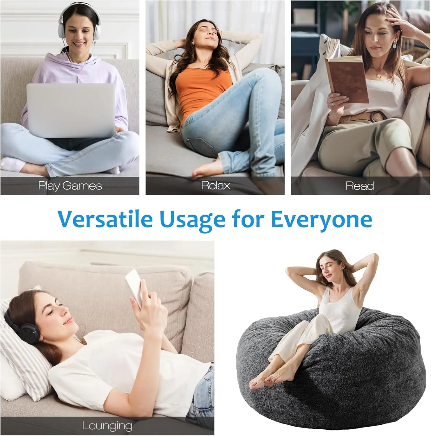 Cover] Large Bean Bag Chair: 4 ft Bean Bag Chairs for Adults/Kids with Filling,Ultra Soft Faux Fur Fabric,Memory Foam w