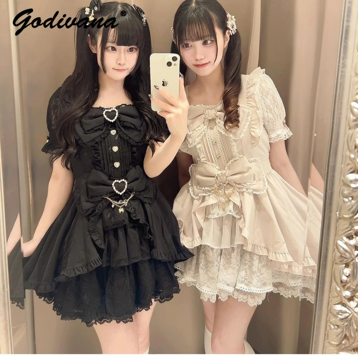 Japanese Style Cute Bow Short Sleeve Slim Lace Lolita Cake Dress Culottes Set Spring Summer Women Girls Sweet Shorts Set Outfits lolita dress lolita cosplay costumes