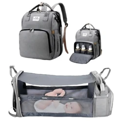 Versatile 3-in-1 Waterproof Diaper Bag Backpack with Foldable Baby Bed and USB Charging Port (TYPE 3 Gray)