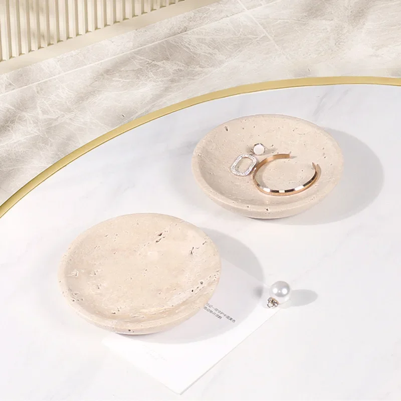 D15x2.5cm Natural Travertine Ring Dish Jewelry Tray Marble Trinket Dish Small Bowl Vintage 3