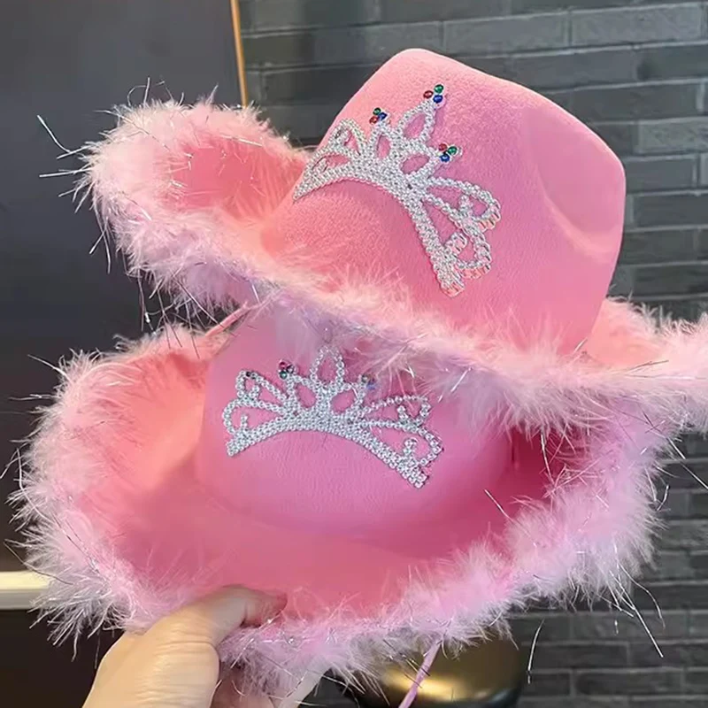 Pink Feather Western Cowboy Hat Women British Retro Jazz Caps Theme Party Halloween Carnival Hats Wide Brim Wool Felt Hat