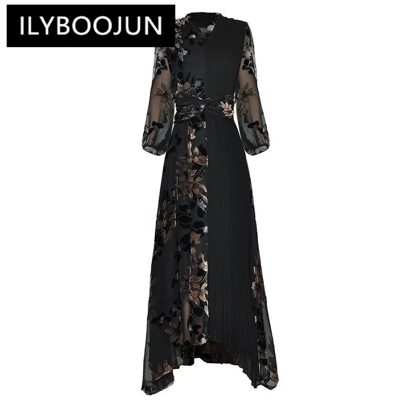 

ILYBOOJUN Summer Fashion Runway New Arrivals Women Dress Mesh Patchwork Lantern Sleeve Flowers Print Elegant Maxi Dress