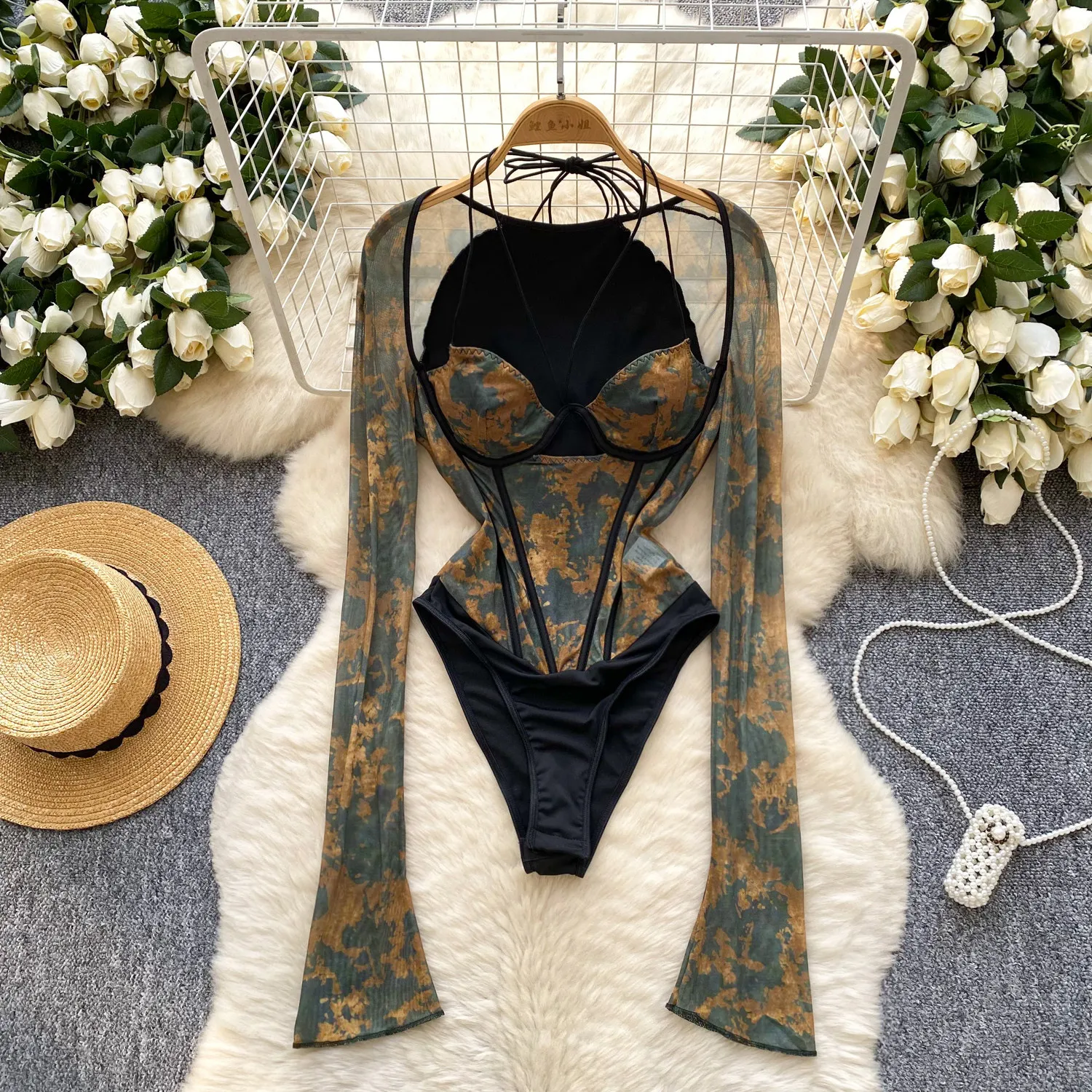 printed mesh bodysuit front view
