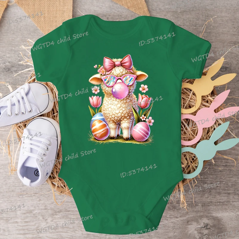 Short Sleeve Easter Romper Infant Jumpsuit Cartoon Sheep Blowing Bubble Print Onesies Newborn Girl Boy Cotton Easter Bodysuits 4
