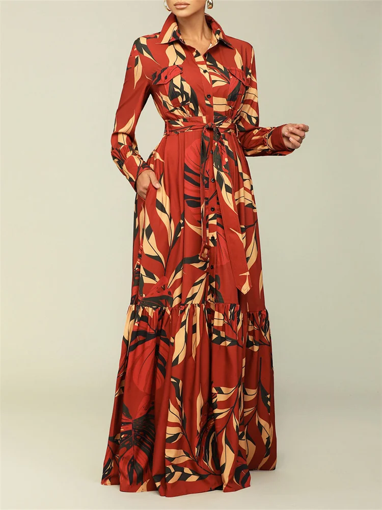 Wmstar Women Dress Spring Casual Floral Print Single Breasted Long Sleeve Turn-down Collar Female Evening Maxi Shirt Dresses