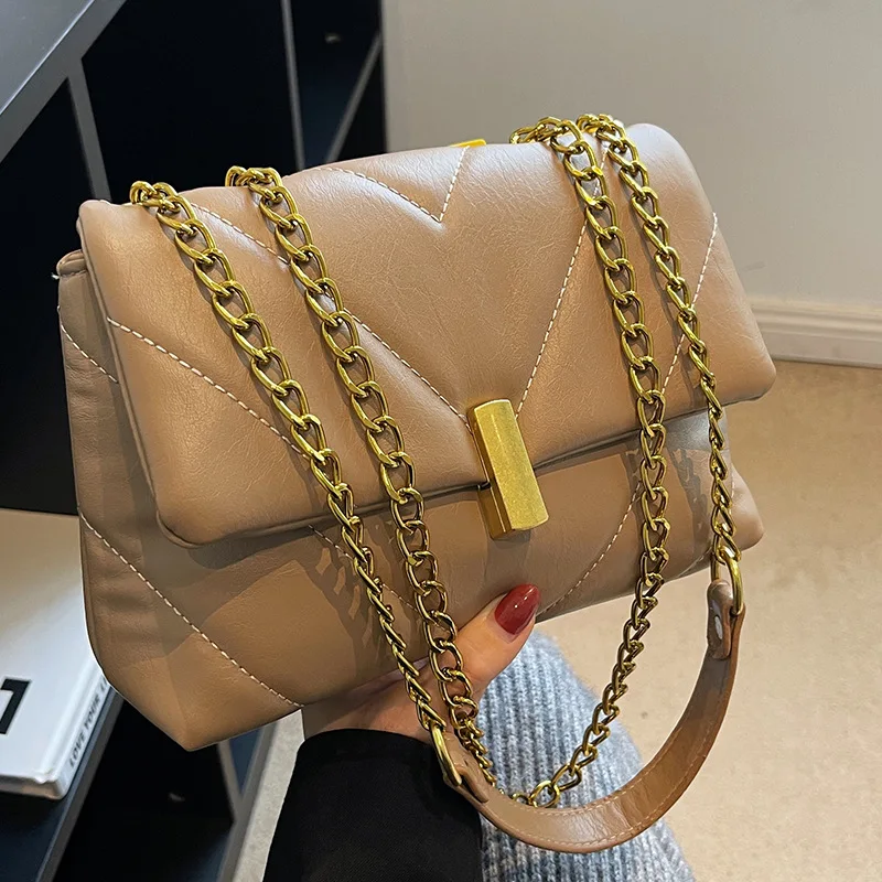 

New Trendy Car-Stitched Chain Single Shoulder Bags Soft Leather Texture Versatile Crossbody Bag Fashion Casual Portable Satchel