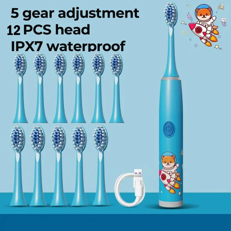 Kids Cartoon Electric Toothbrush with Replacement Head - Waterproof Rechargeable Sonic Technology