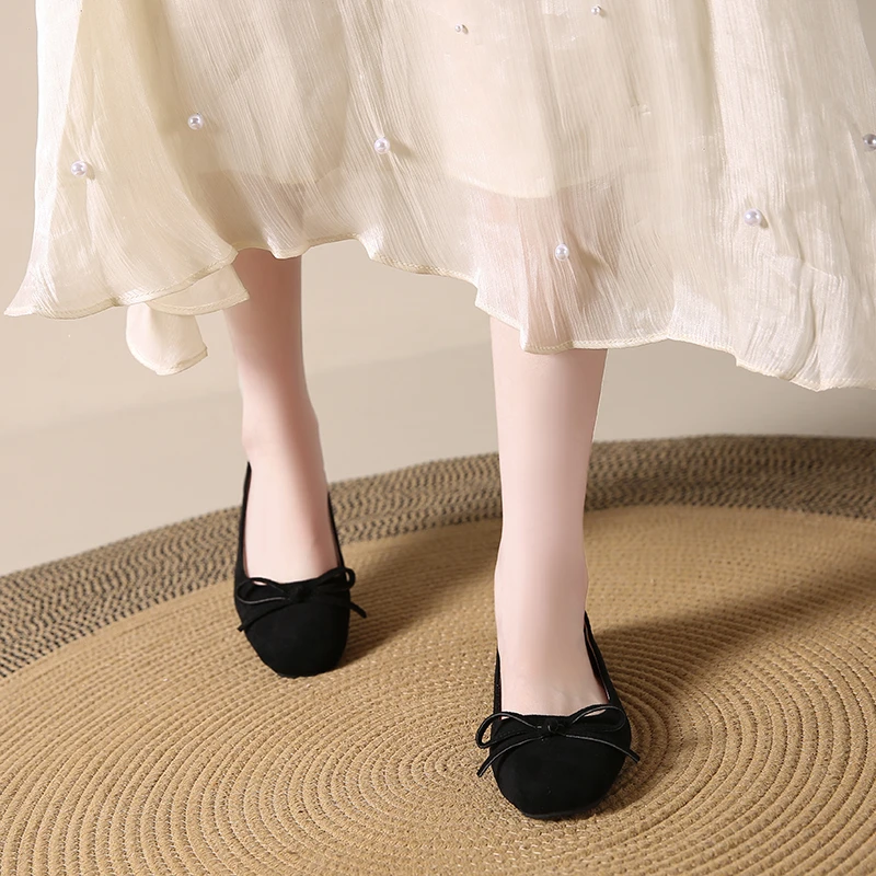 Aphixta Classic Suede Soft Sole Shallow Woman Shoe Yellow Loafers Spring Woman Fashion Shoes Sweet Bow Flat With Shoes For Woman