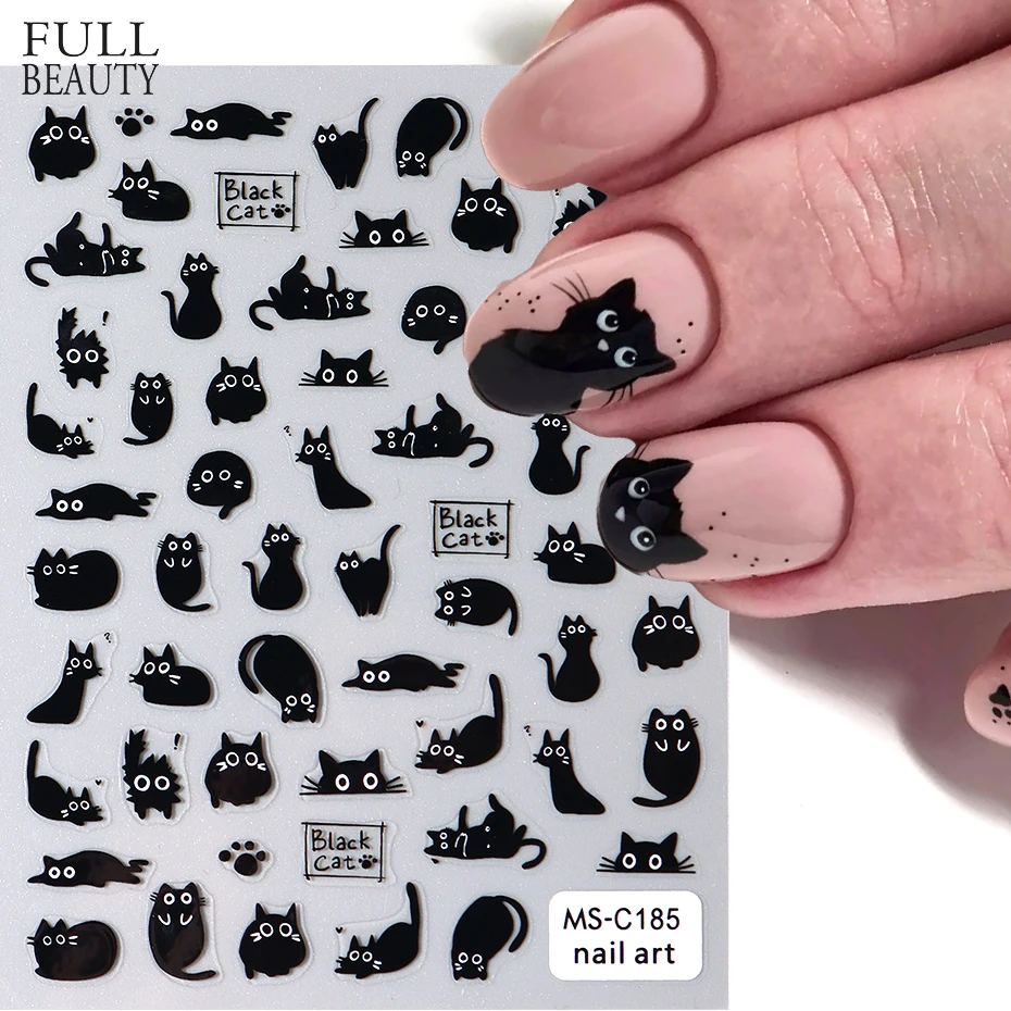 Nail Stickers Cute Black Cat Decals 3D Cat Flowers Nail Art Decoration Cute Cartoon Sliders Summer Manicure