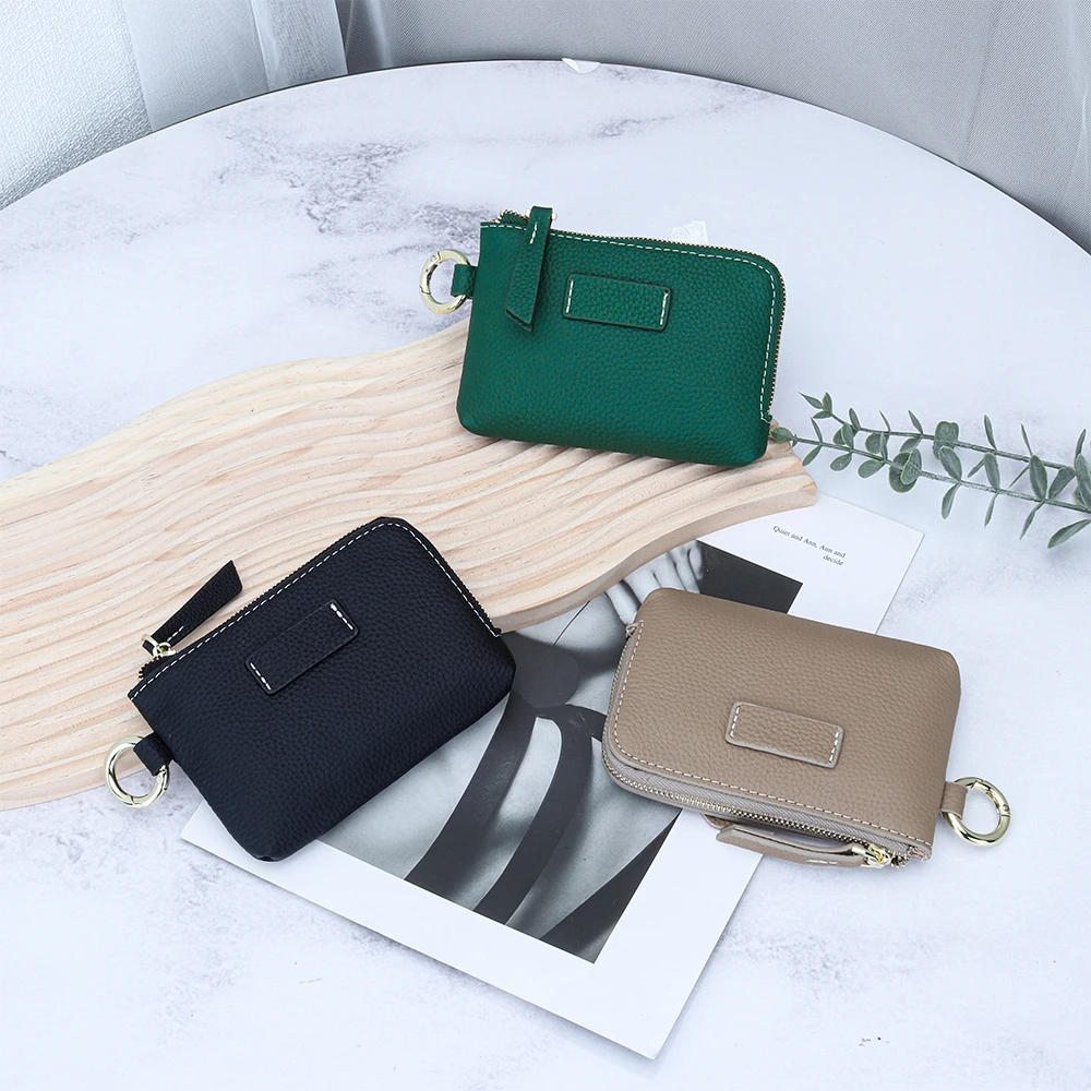 Brand Design Coin Purse Pouch for Women Genuine Leather Mini Cash Wallet with Keychain Ring Holder Ladies Zipper Small Wallet