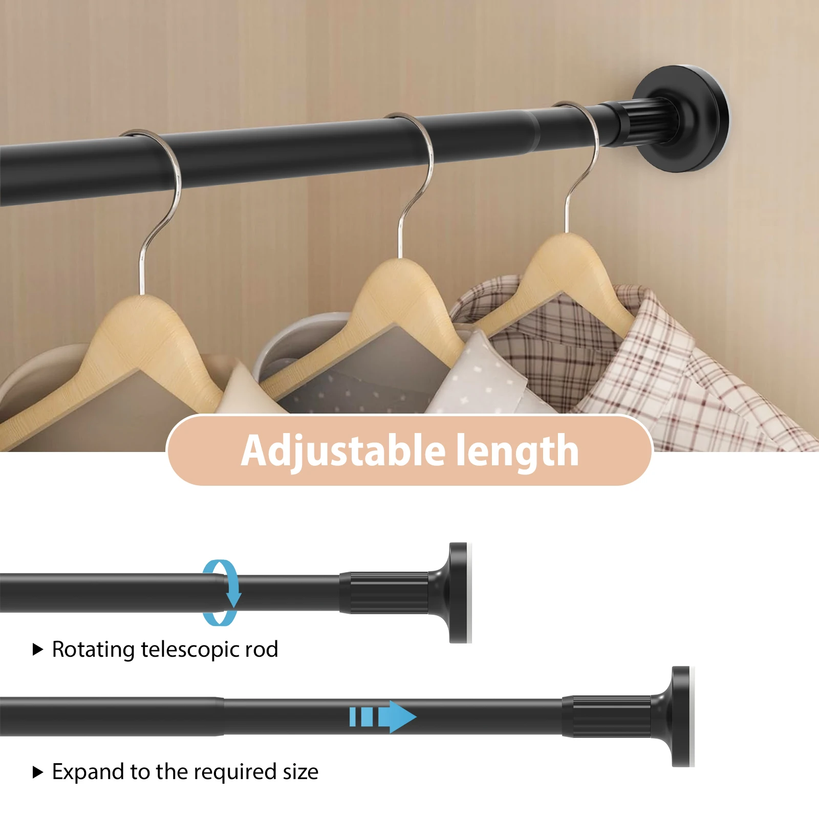 Adjustable No Drill No Installation Nail-Free Clothes Drying Telescopic Pole Laundry Room Bathroom Curtain Storage Extendable: 3 - 5 Days Free Delivery Only UK Ha