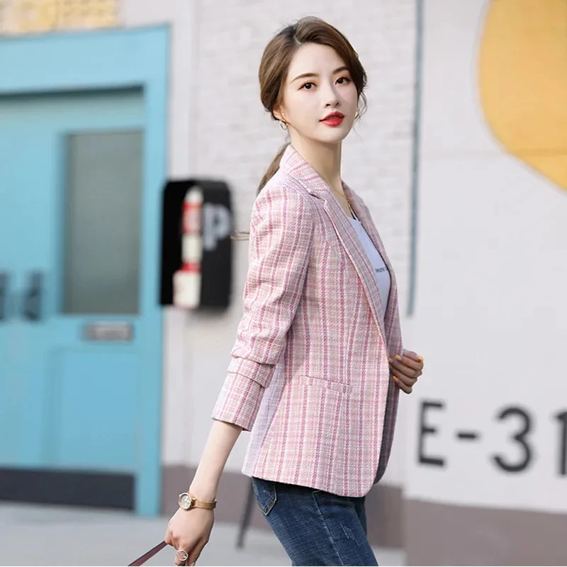 Spring Autumn Casual Women Blazer Lady Office Work Suit Slim Plaid Jacket Long-Sleeved One Button Women's Blazers Clothing New