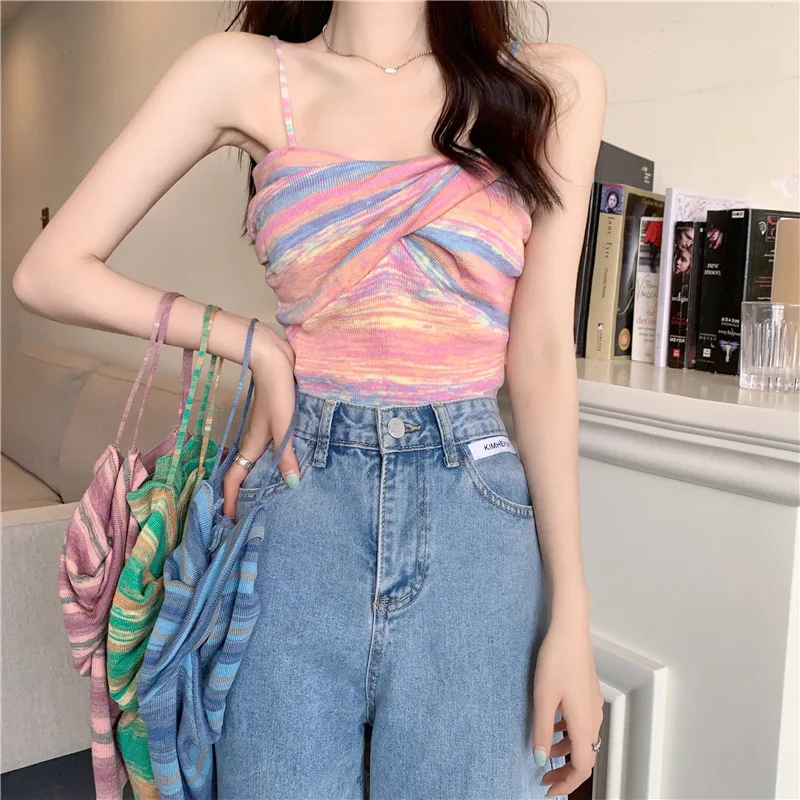 

Boring Honey Rainbow Colors Stripe Tie-Dyeing Sling Top Knitted Cross Rotation Chic Tank Top Women Sexy Short Crop Tops