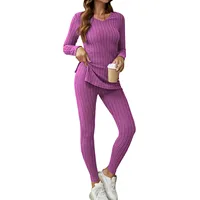 Plus Size Casual Outfits Sets Women's Plus Solid Ribbed Long Sleeve Round Neck Split Hem Top & Pants Outfits 2 Piece Set - Image 4