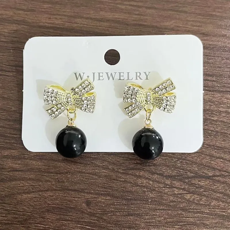 Sparking Zircon Bowknot Shape Stud Earrings for Women Trendy Temperament Round Pendant Drop Earring Party Jewelry Gifts