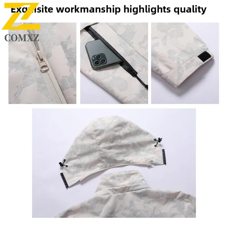 Men Outdoor Thermal Windbreaker Windproof Rainproof Fleece Lined Mountaineering Coat with Detachable Hood Spring Autumn Hiking