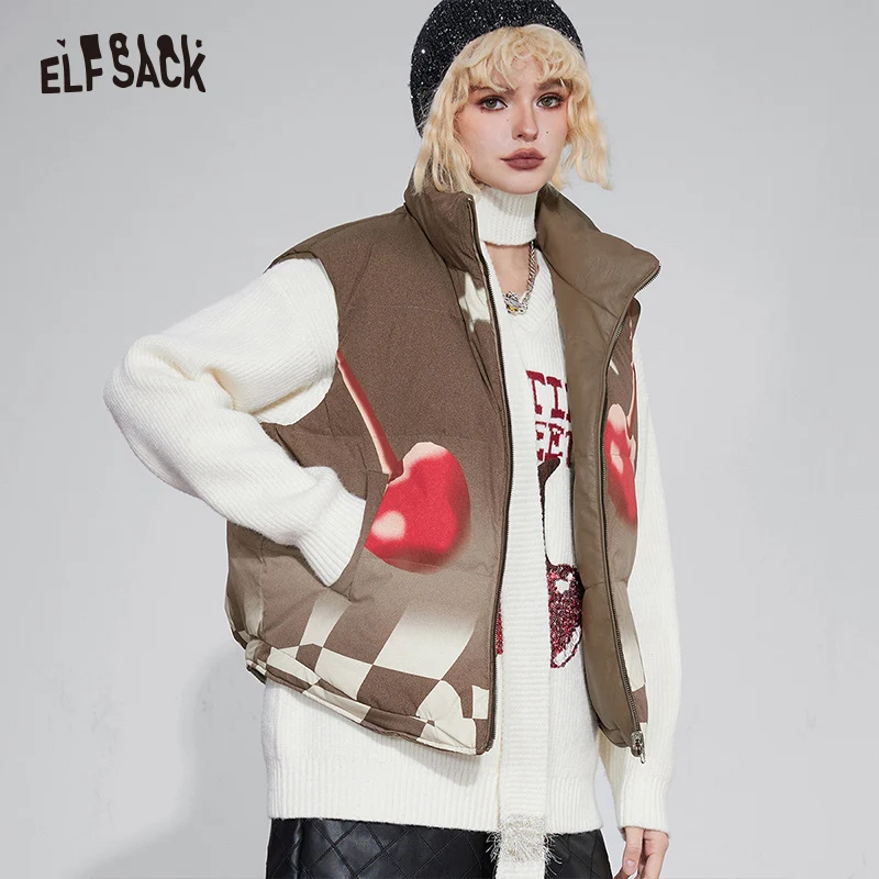 ELFSACK Graphic Brown PU Thicken Vest Women 2023 Winter New Designer Warm Outwears