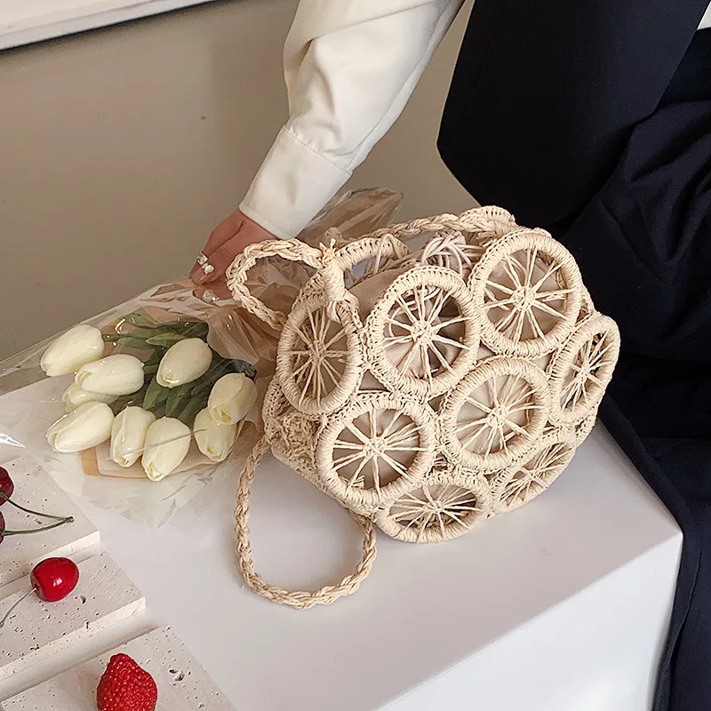Summer Hollow Round Straw Bag For Women Casual Woven Handmade