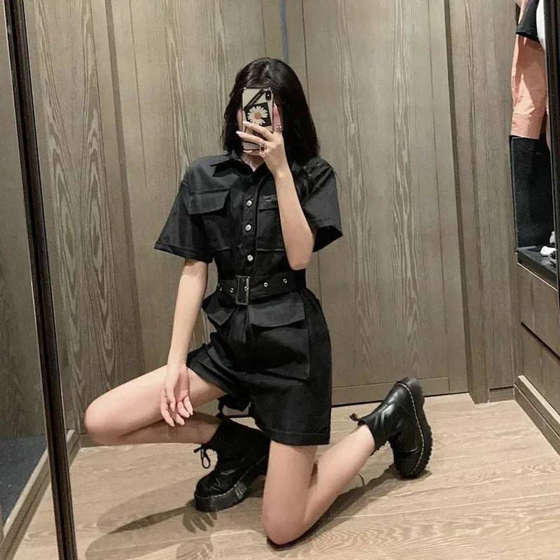 Women Casual High Waist Loose Black Romper Female Fashion Button Wide-leg High Street Cargo Short Playsuits Gothic Streetwear