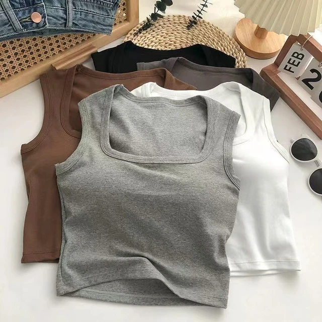 Tank Top With Built In Bra Cups Women's Square Neck Vest Female