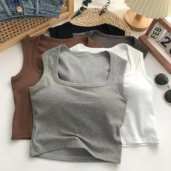 여성용 브래지어 컵 내장 탱크 탑, 스퀘어 넥 조끼, 캐주얼 스포츠 패션, 짧은 탑, 기본 솔리드 크롭 탑, 여름 2023