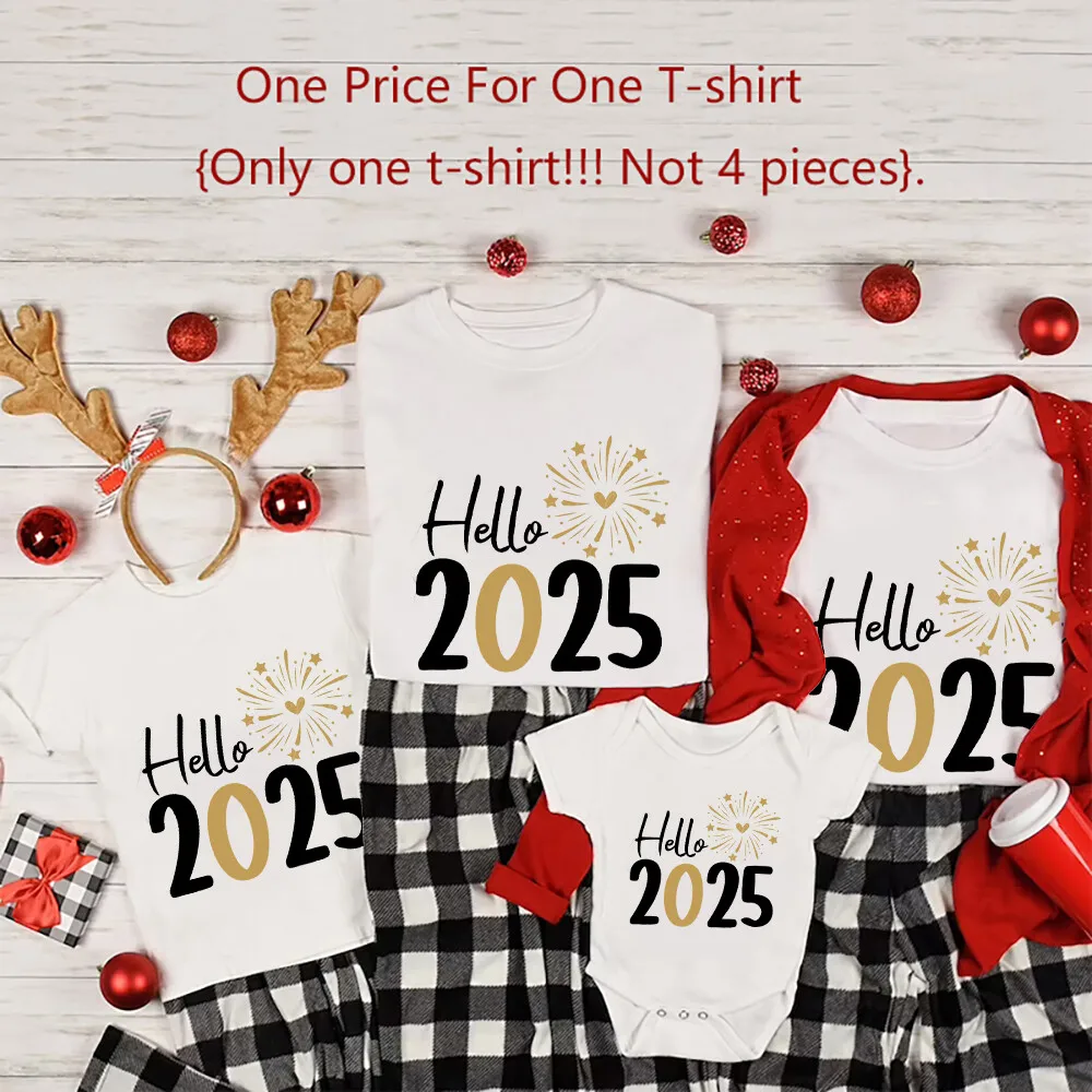 thumbnail image 1 of Divertida camiseta de Hello 2025 para la familia, atuendos a juego, madre, padre, hija, hijo, mameluco para bebé, look familiar, ropa de Año Nuevo, 1 of 5