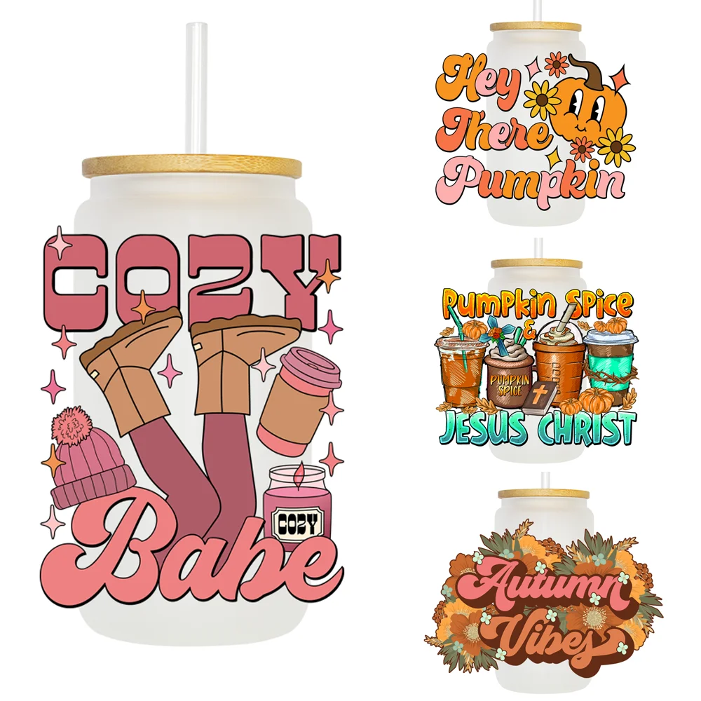 Cozy Babe Pumpkin Spice Fall Vibes Uv Dtf Transfers Stickers Decalcomanie Per Libbey Cold Cups Tazze Tumbler Waterproof Diy Craft