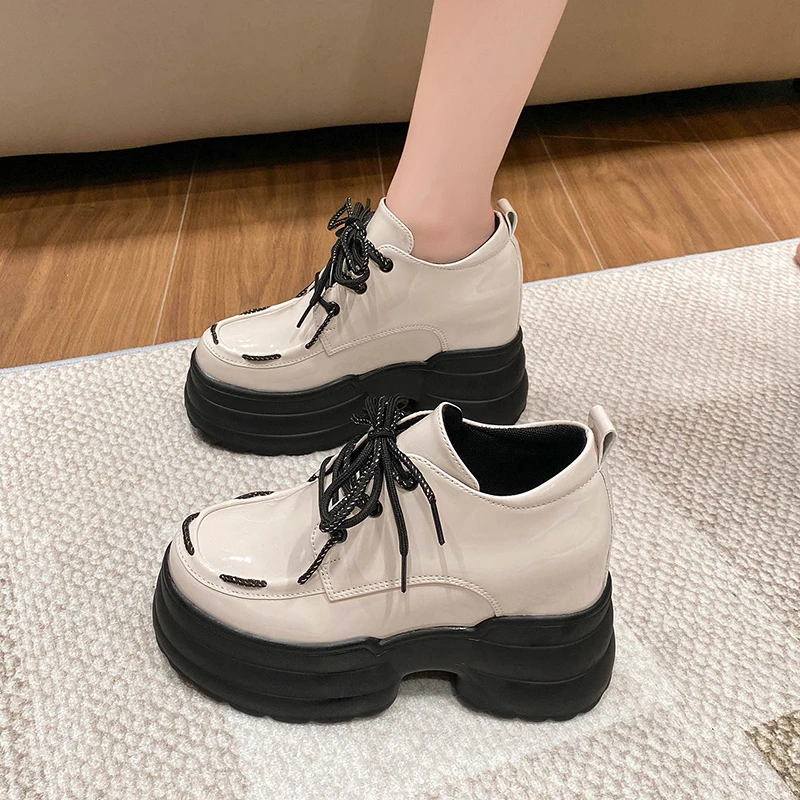 

Women Patent Leather Platform Ankle Boots 10CM Wedge Heels Ladies Autumn Chunky Sneakers Pumps Woman Lace-Up Thick Black Boots