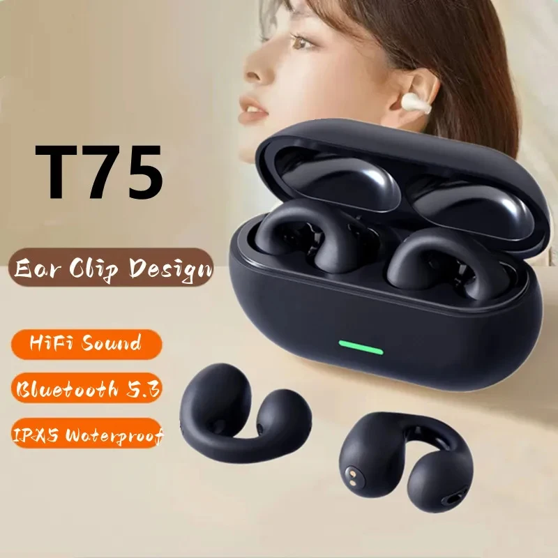 

Bluetooth 5.3 беспроводные наушники T75 с костной проводимостью, водонепроницаемые наушники с зажимом и шумоподавлением, спортивные игровые наушники
