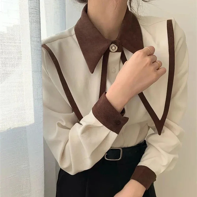 2024New Vintage Chiffon Shirts Women Elegant Patchwork Long Sleeve Blouses Office Lady Korean Black Turn Down Collar Casual Tops