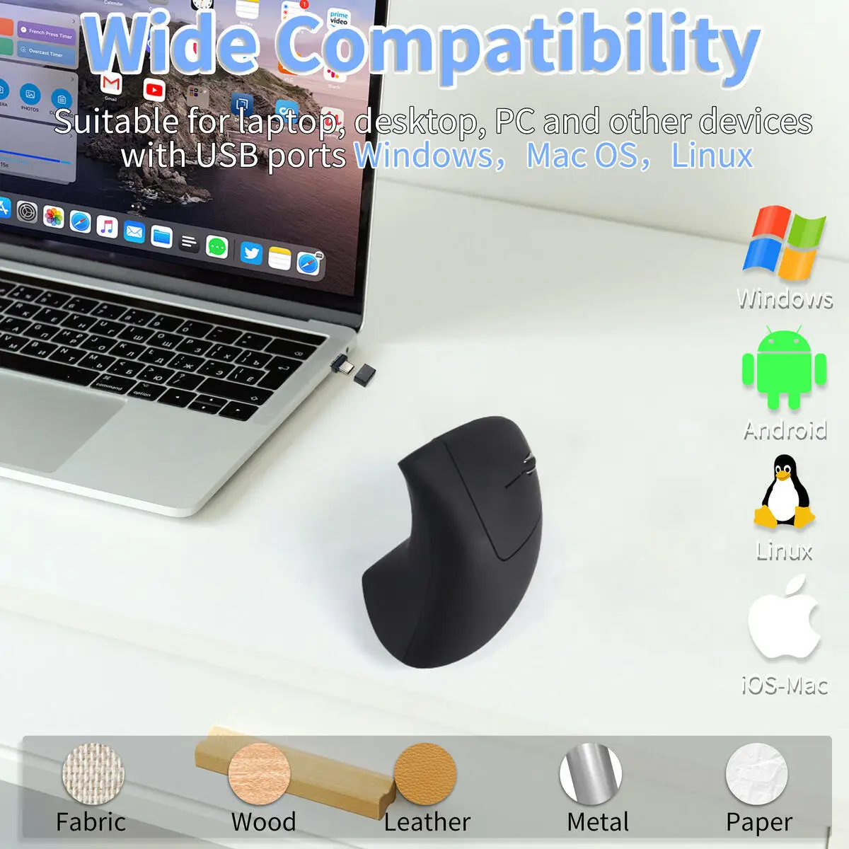 뜨거운 판매 수직 인체공학적 USB Type-C 듀얼 인터페이스 무선 마우스 음소거 클릭 PC 노트북용 휴대용 플러그 앤 플레이 마우스