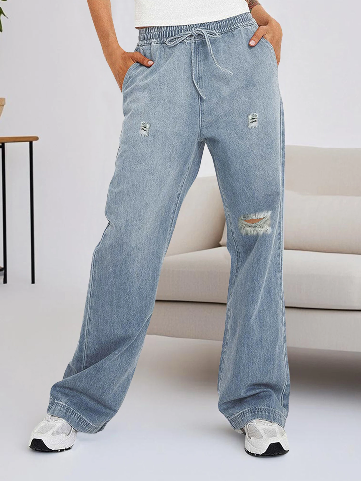 Women s Distressed Oversized Denim Trousers with Adjustable Drawstring Waistband and Spacious Pockets for a Relaxed Look
