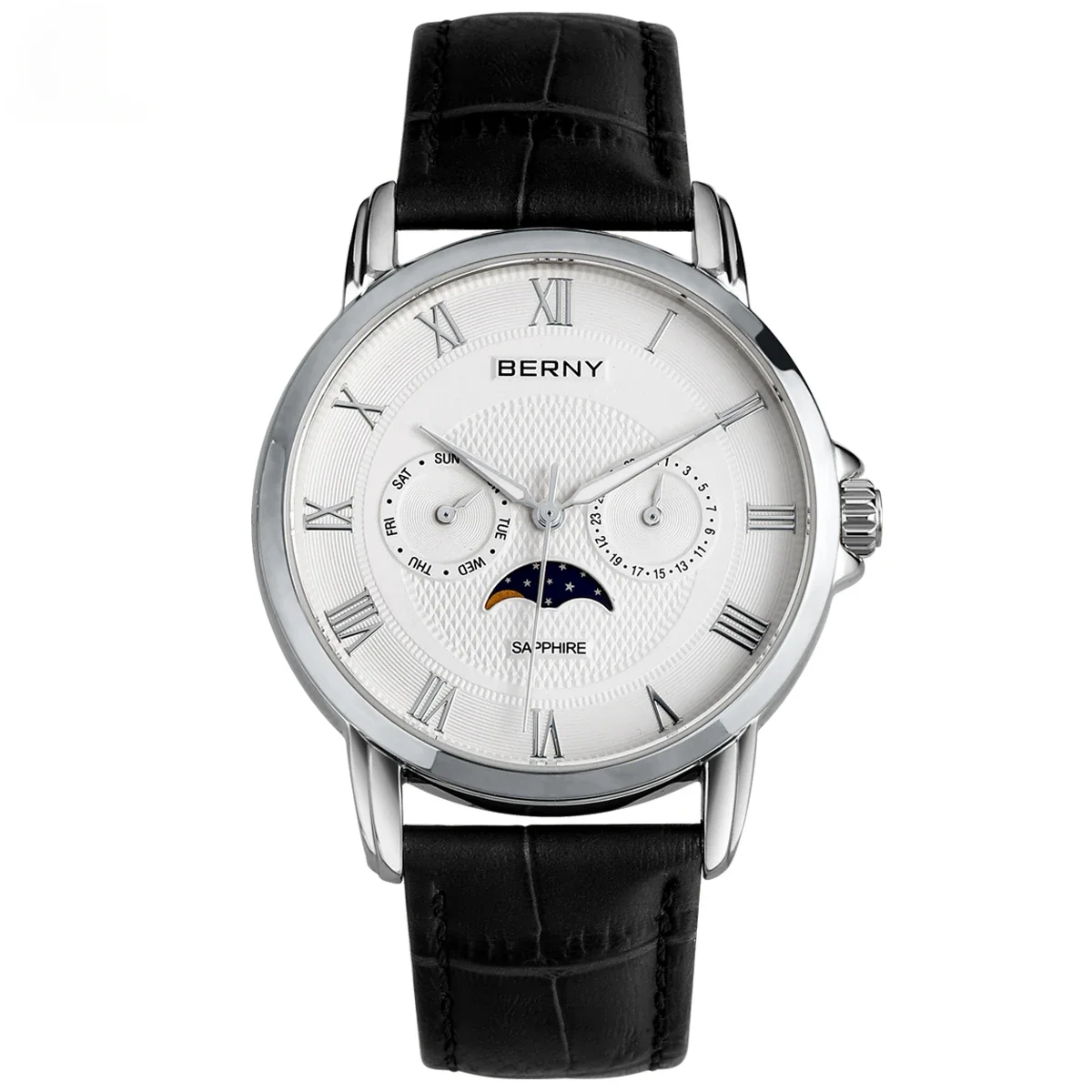 Berny Men Watches Quartz Sapphire Glass Day-Date Moon Phase Scale Multi-function Dial Business Wristwatch Luxury Men Watch