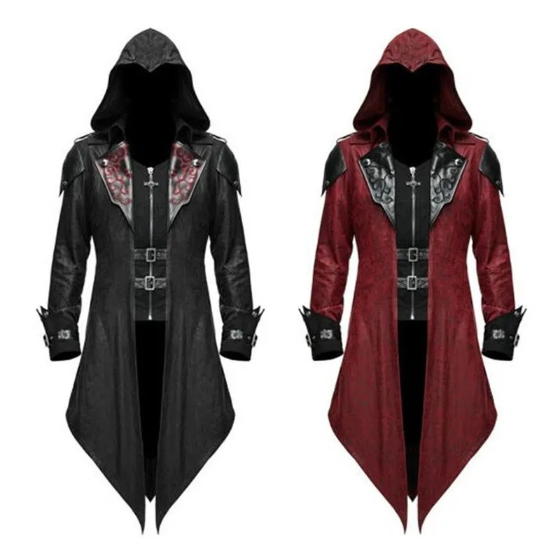 Male Black Jacquard Hooded Jacket Steampunk Gothic Pirate Vampire Halloween Uniform Stage Cosplay Costumes Patchwork Zipper Coat vintage vampire red black burgundy ombre shower curtain modern showers for bathroom curtain