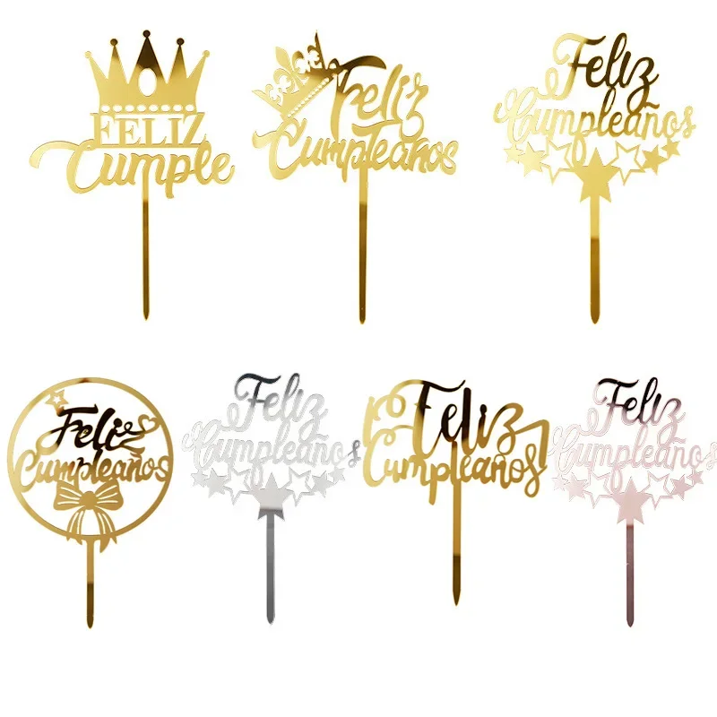 Acylic Feliz Cumpleanos Espanol Spanish Happy Birthday Party Supplies Cake Topper Gold Crown Design Cupcake Baking