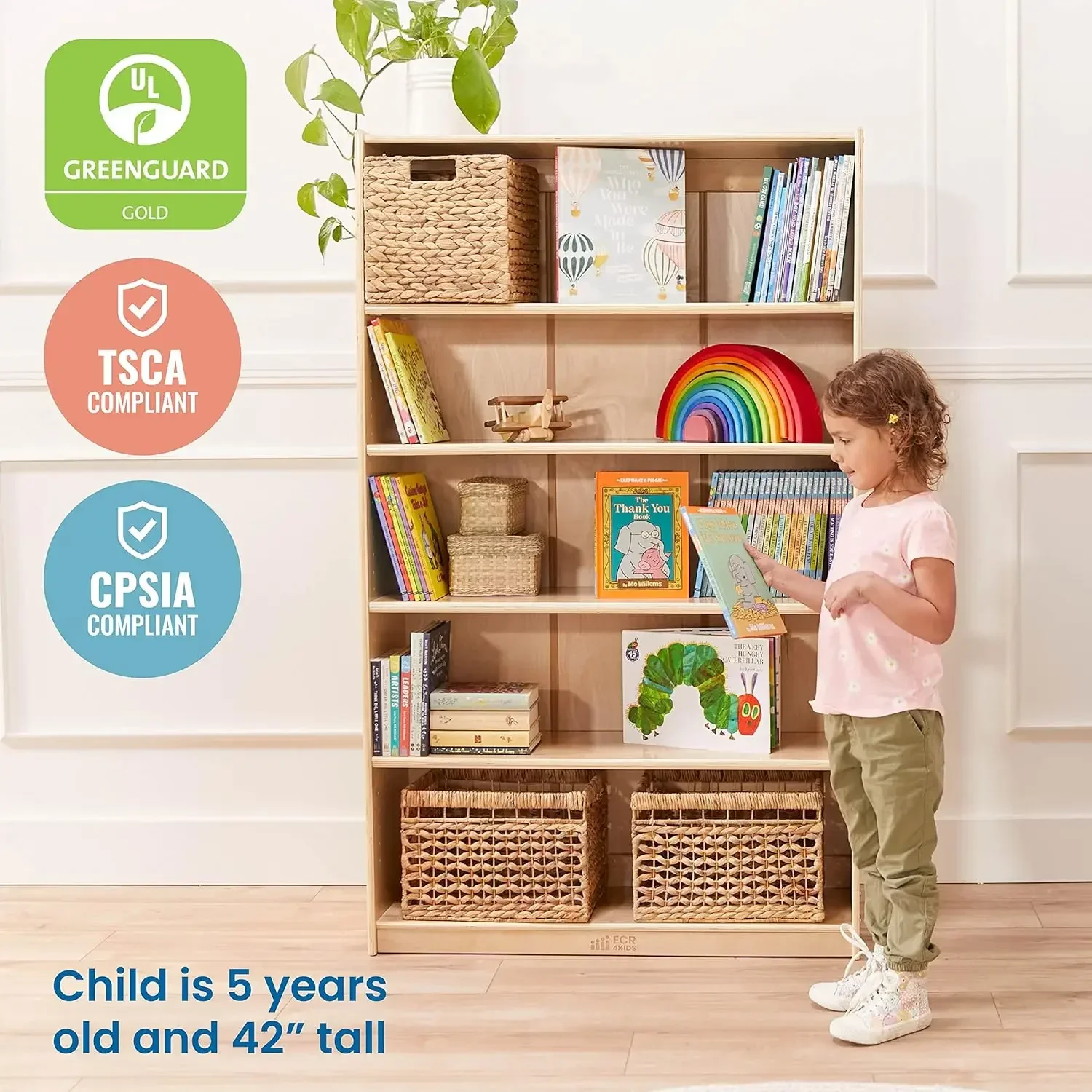 Adjustable natural wood bookcase close-up finish
