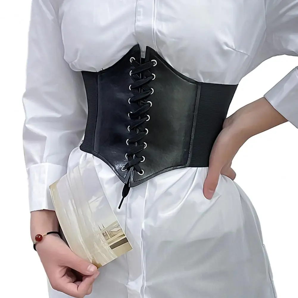 

Chic Women Corset Comfy Body Waistband Solid Color Imitation Leather Wide Corset Belt Decorative