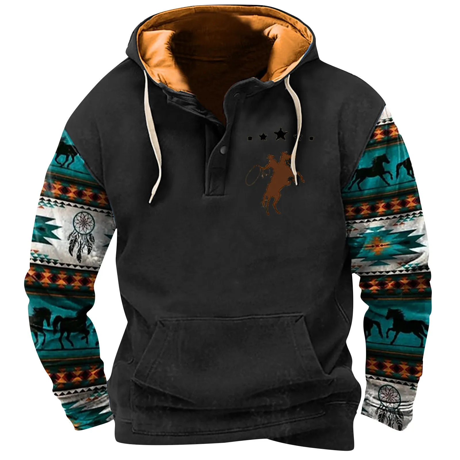 

Men'S Casual Geometric Print Long Sleeve Drawstring Pullover Classic Vintage Tops For Men Ethnic Style Loose Hooded Sweatshirt