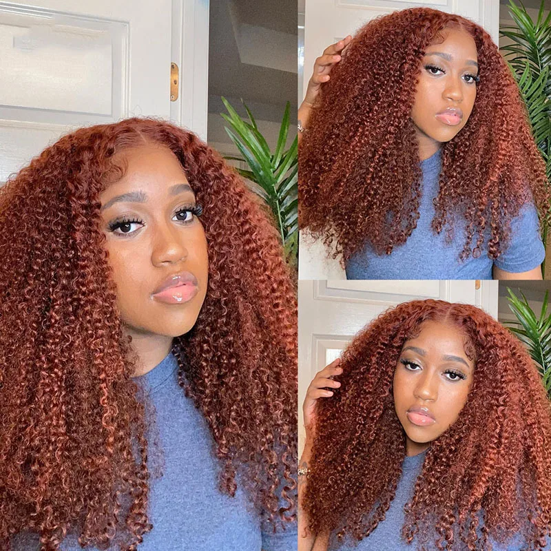 250% Reddish Brown Kinky Curly 30 40 Inch 13x4 Lace Front Human Hair Wig Colored Pre plucked with Baby Hair