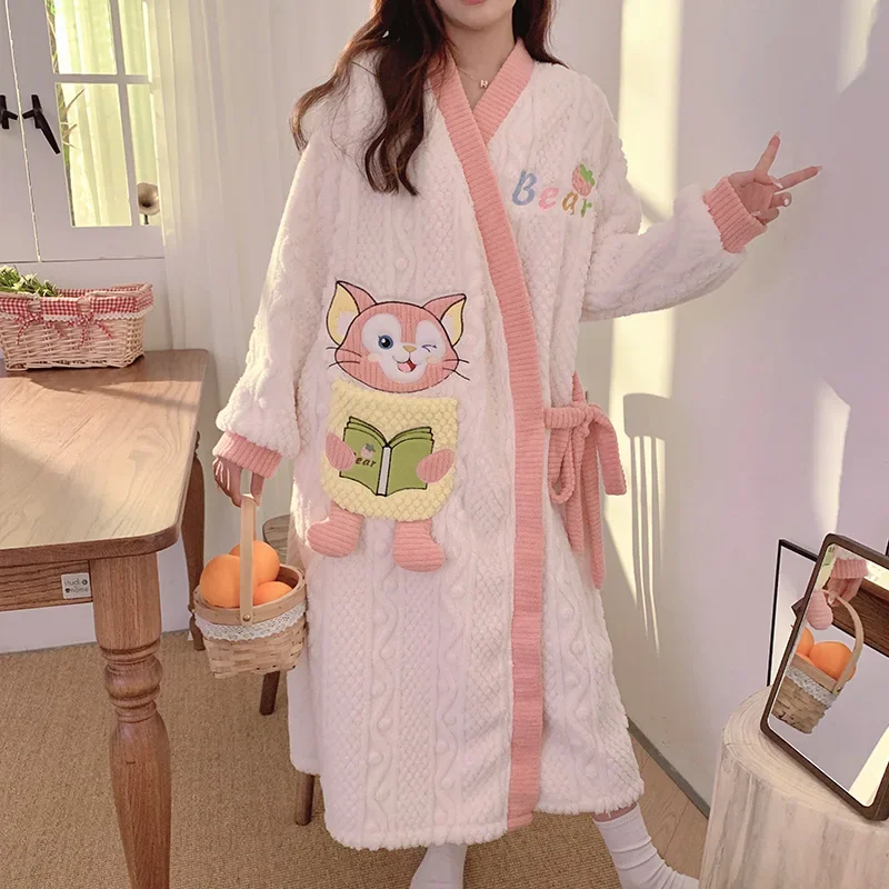 Women's Autumn Winter Coral Fleece Long Robe Morning Gowns Cartoon Anime Embroidered Bathrobe Fleece-lined Thick Thermal Pajamas