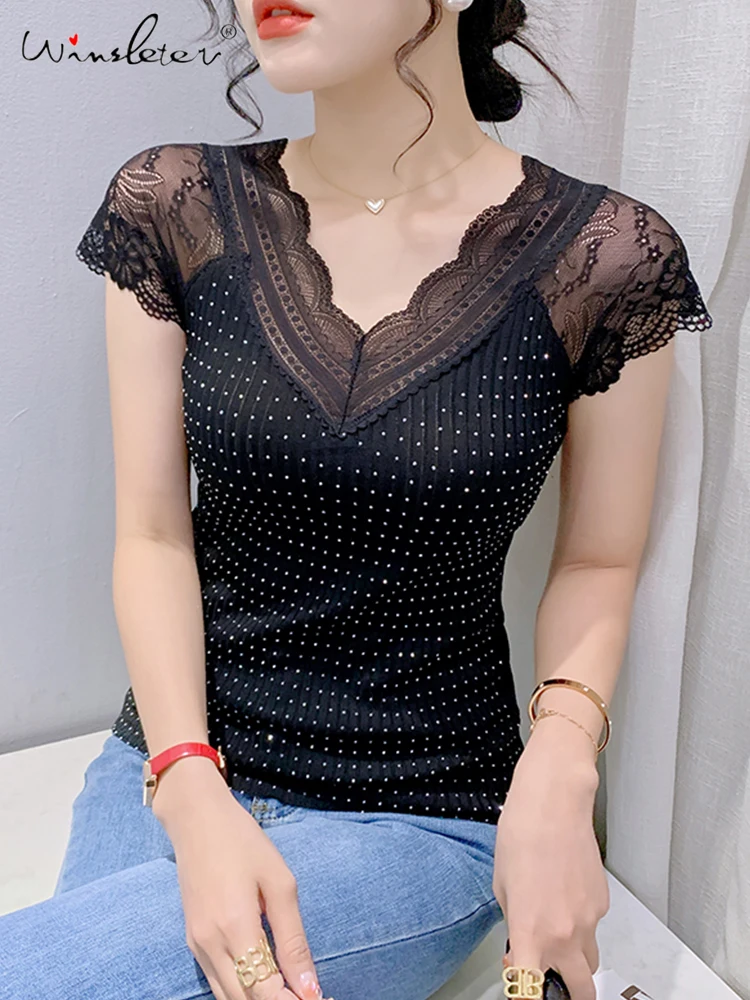 

Женская трикотажная футболка с V-образным вырезом, с коротким рукавом