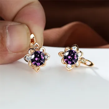 Boho Purple Round Stone Flower Clip Earrings For Women Female Gold Color Small Wedding Jewelry Gift