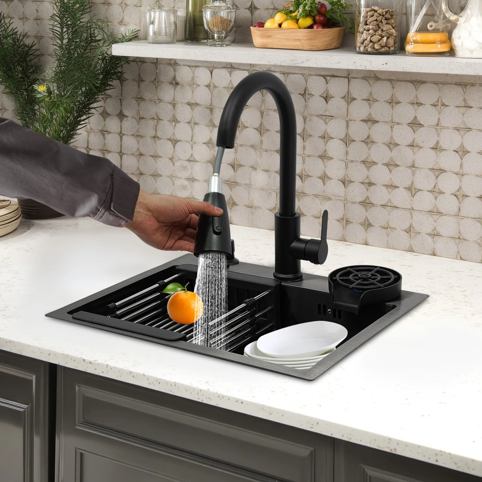 Küchenspüle aus Edelstahl mit ausziehbarem Wasserhahn/Tassenwascher/Seifenspender für Küchen, Restaurants, Dessertgeschäfte – Detail 15